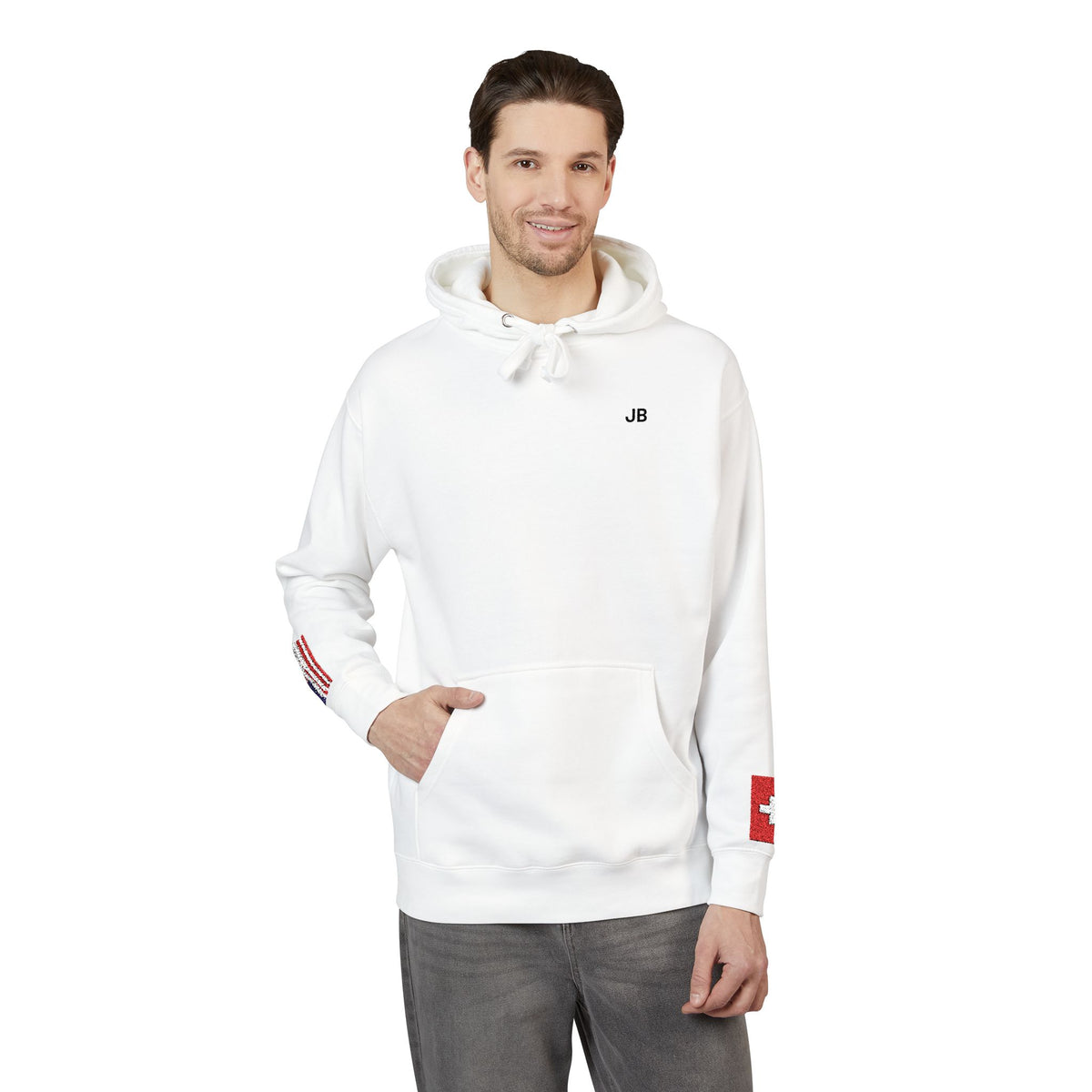 Swiss American Flag Fleece Hoodie | Switzerland USA Dual Heritage Naturalization Gift | Personalized Initials | Embroidered Sleeve Flags - Proud & Loyal