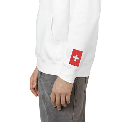 Swiss American Flag Fleece Hoodie | Switzerland USA Dual Heritage Naturalization Gift | Personalized Initials | Embroidered Sleeve Flags - Proud & Loyal