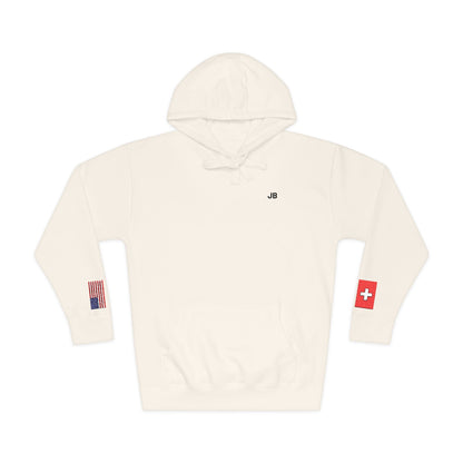 Swiss American Flag Fleece Hoodie | Switzerland USA Dual Heritage Naturalization Gift | Personalized Initials | Embroidered Sleeve Flags - Proud & Loyal