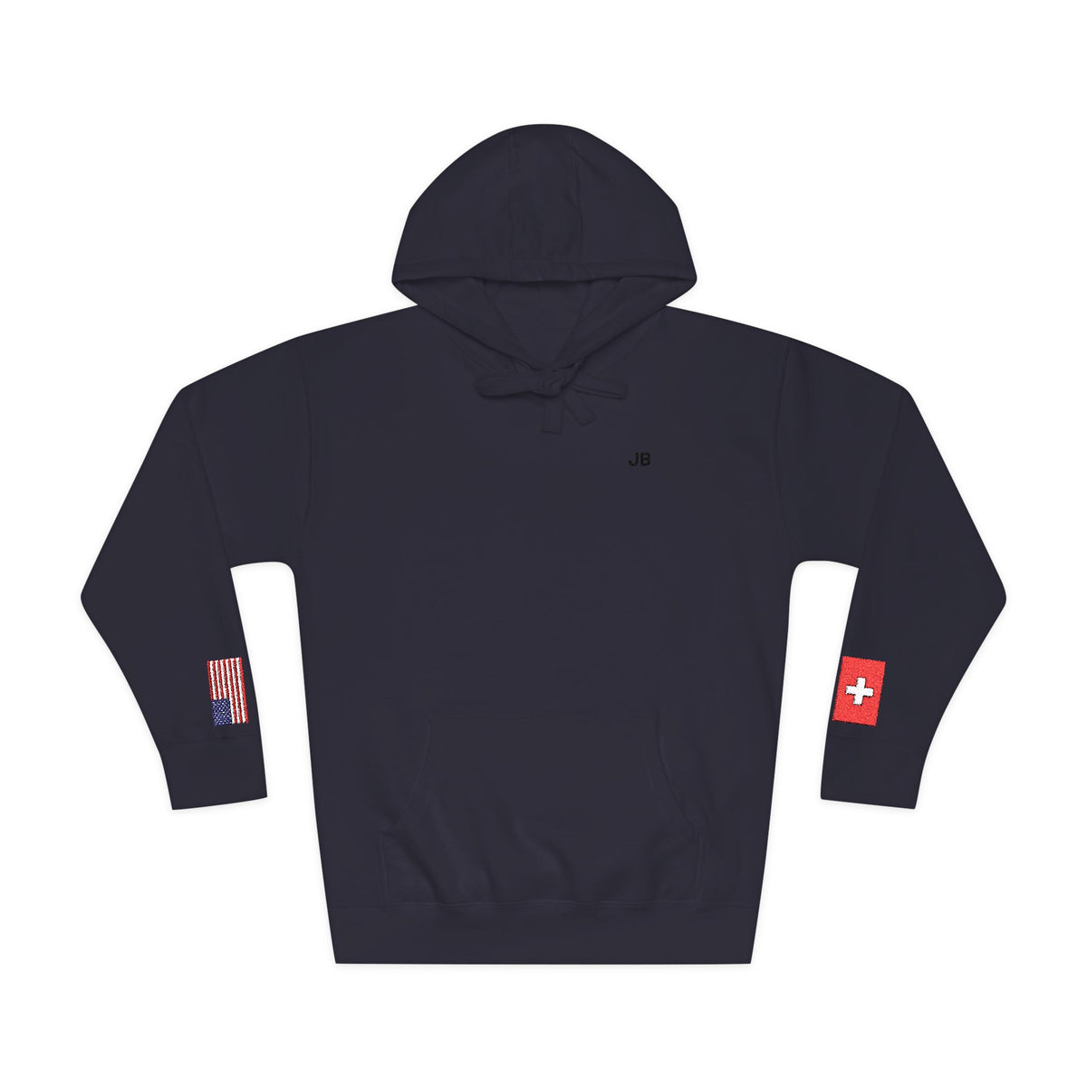 Swiss American Flag Fleece Hoodie | Switzerland USA Dual Heritage Naturalization Gift | Personalized Initials | Embroidered Sleeve Flags - Proud & Loyal