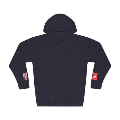 Swiss American Flag Fleece Hoodie | Switzerland USA Dual Heritage Naturalization Gift | Personalized Initials | Embroidered Sleeve Flags - Proud & Loyal