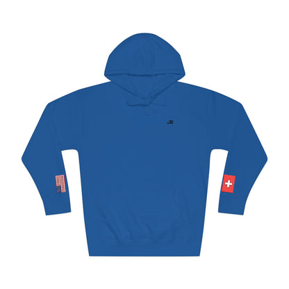 Swiss American Flag Fleece Hoodie | Switzerland USA Dual Heritage Naturalization Gift | Personalized Initials | Embroidered Sleeve Flags - Proud & Loyal