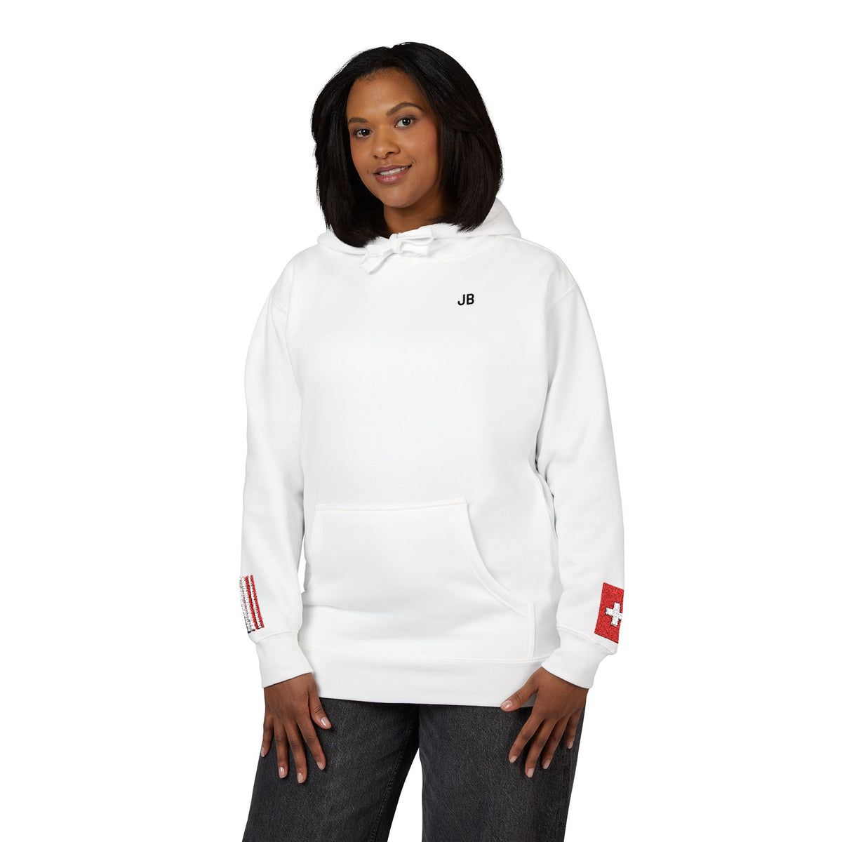 Swiss American Flag Fleece Hoodie | Switzerland USA Dual Heritage Naturalization Gift | Personalized Initials | Embroidered Sleeve Flags - Proud & Loyal