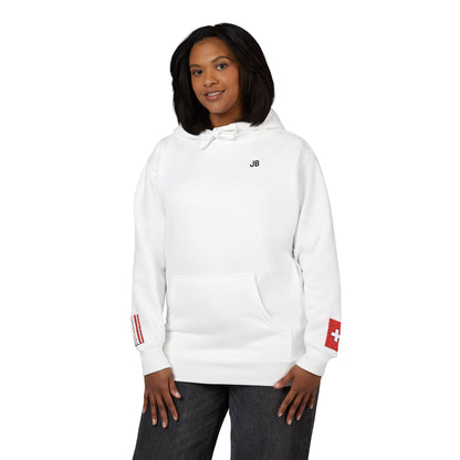 Swiss American Flag Fleece Hoodie | Switzerland USA Dual Heritage Naturalization Gift | Personalized Initials | Embroidered Sleeve Flags - Proud & Loyal