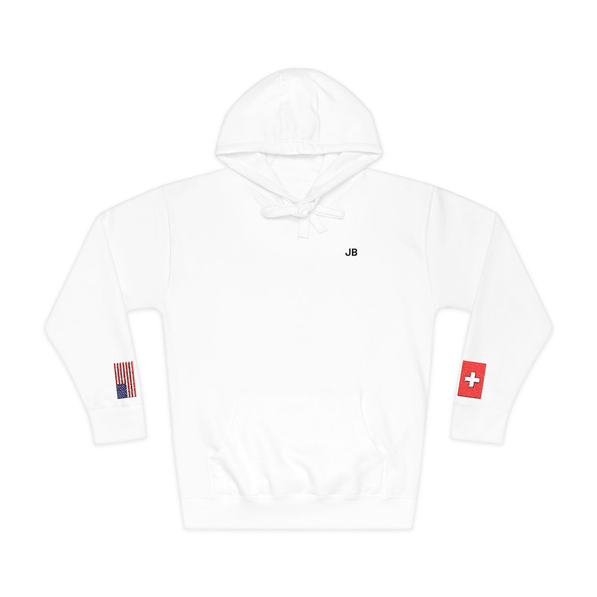 Swiss American Flag Fleece Hoodie | Switzerland USA Dual Heritage Naturalization Gift | Personalized Initials | Embroidered Sleeve Flags - Proud & Loyal