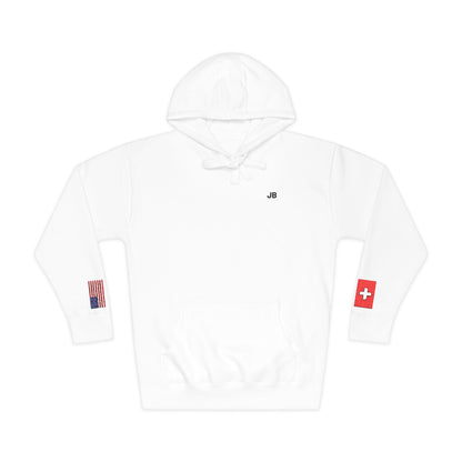 Swiss American Flag Fleece Hoodie | Switzerland USA Dual Heritage Naturalization Gift | Personalized Initials | Embroidered Sleeve Flags - Proud & Loyal