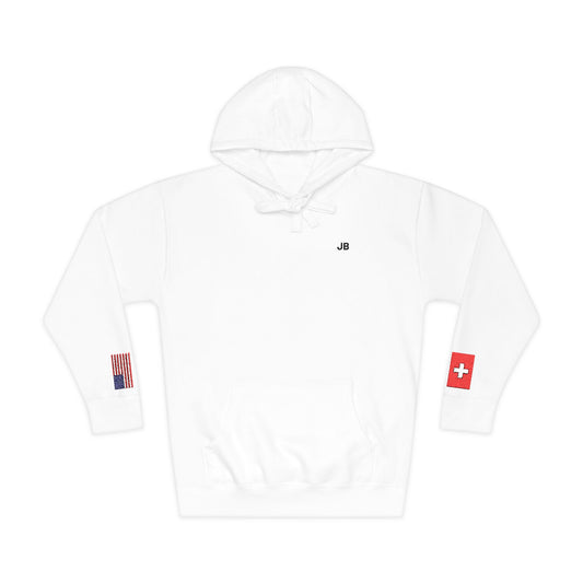 Swiss American Flag Fleece Hoodie | Switzerland USA Dual Heritage Naturalization Gift | Personalized Initials | Embroidered Sleeve Flags - Proud & Loyal