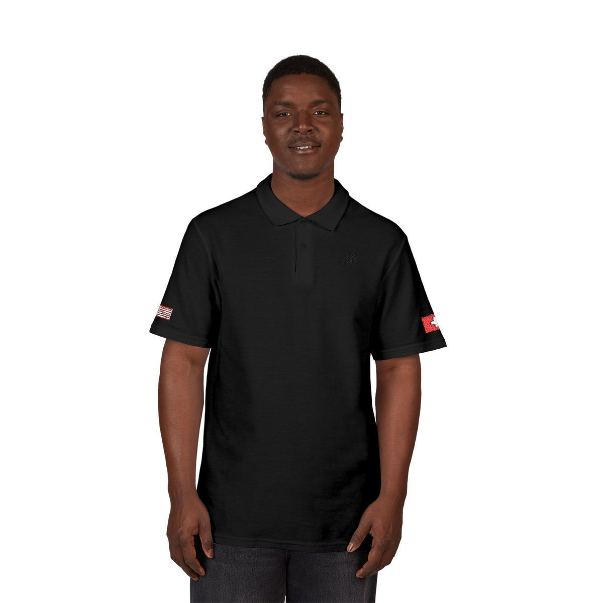 Swiss American Heritage Polo Shirt, Switzerland USA Flag Embroidered Polo, Custom Initials, Cotton Pique Shirt, Swiss Gift - Proud & Loyal