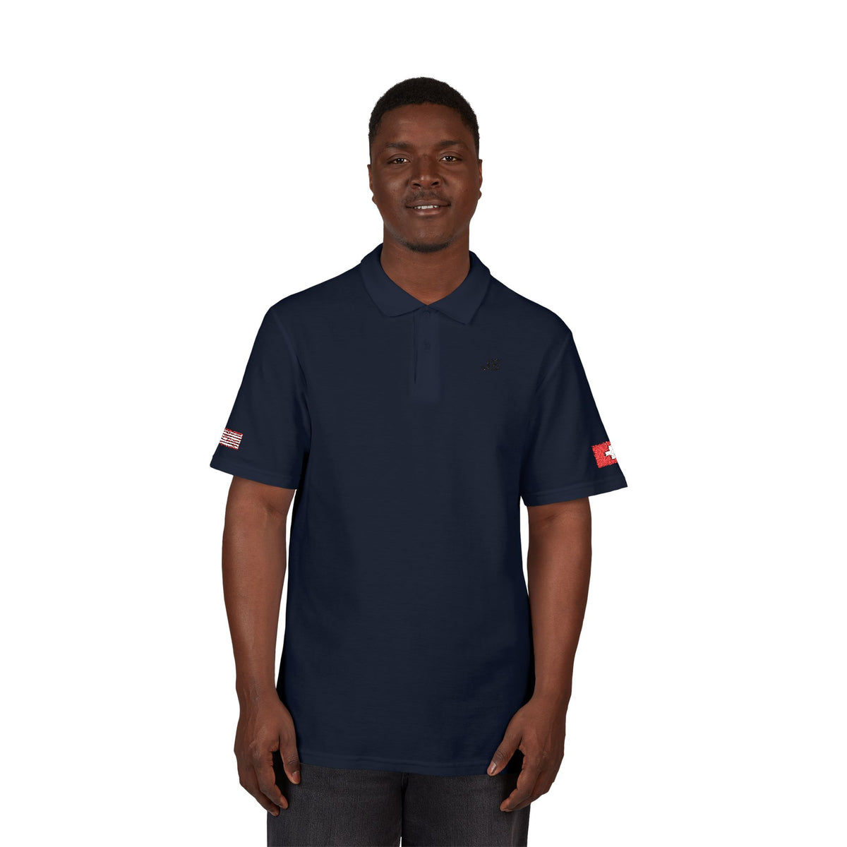 Swiss American Heritage Polo Shirt, Switzerland USA Flag Embroidered Polo, Custom Initials, Cotton Pique Shirt, Swiss Gift - Proud & Loyal