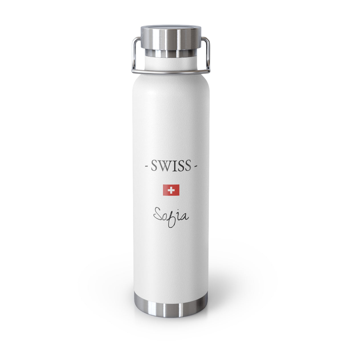 Swiss Heritage Insulated Water Bottle, Copper Lined, Custom Thermos, Switzerland Flag Metal Travel Flask, Personalized Name - Proud & Loyal