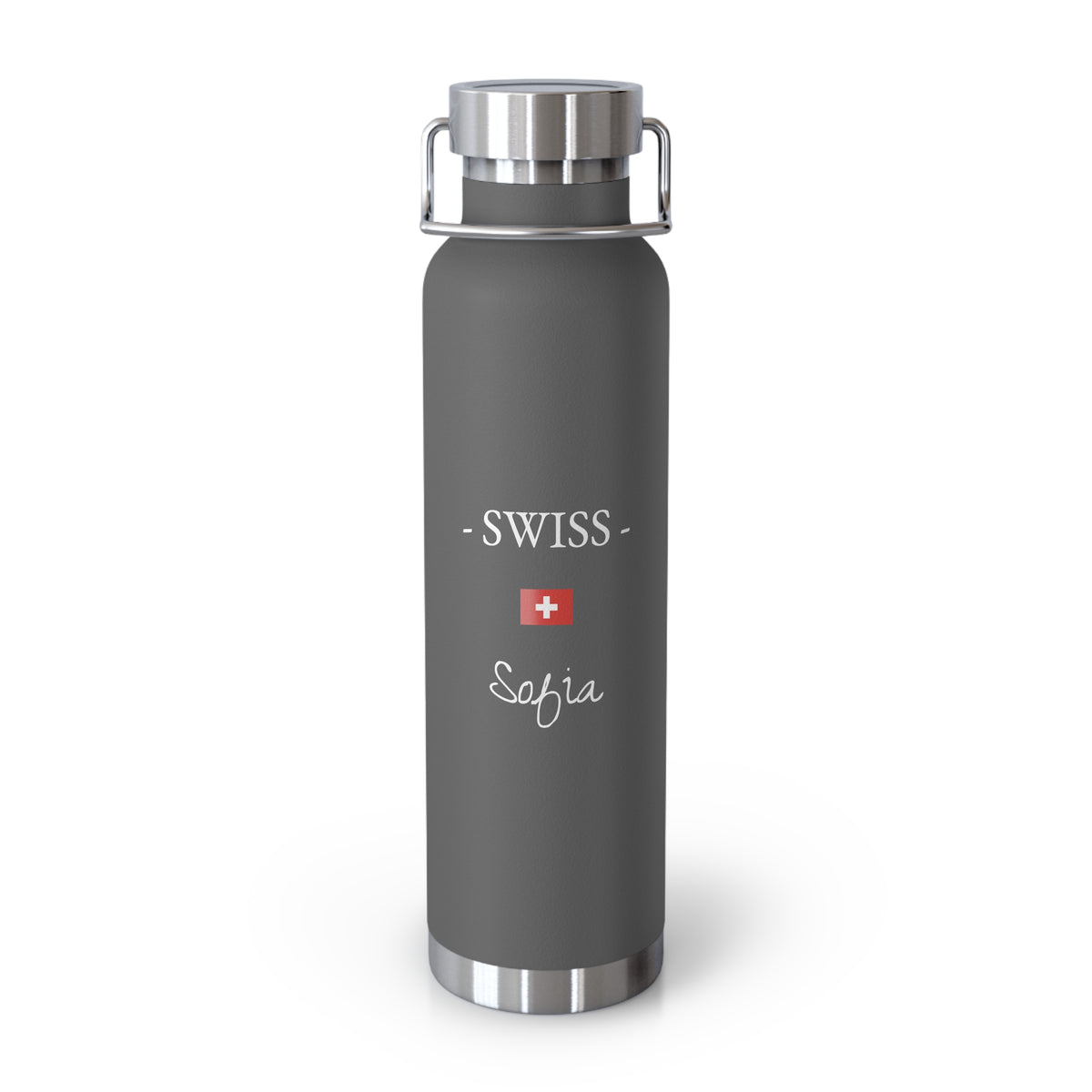 Swiss Heritage Insulated Water Bottle, Copper Lined, Custom Thermos, Switzerland Flag Metal Travel Flask, Personalized Name - Proud & Loyal