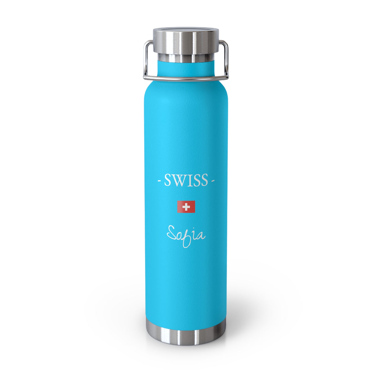 Swiss Heritage Insulated Water Bottle, Copper Lined, Custom Thermos, Switzerland Flag Metal Travel Flask, Personalized Name - Proud & Loyal
