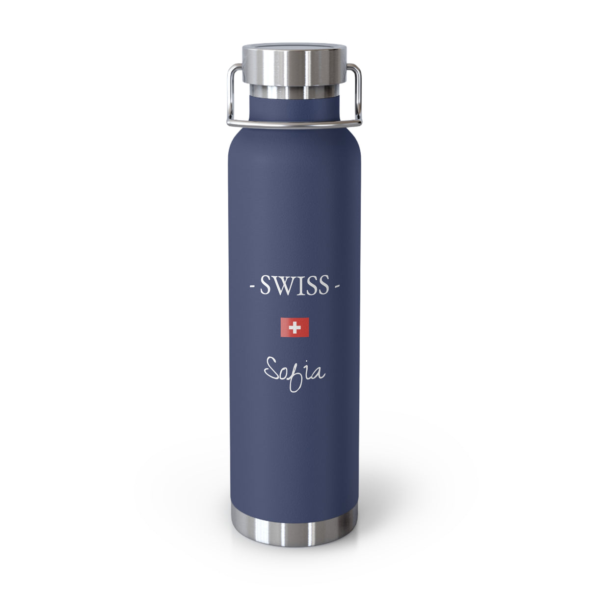 Swiss Heritage Insulated Water Bottle, Copper Lined, Custom Thermos, Switzerland Flag Metal Travel Flask, Personalized Name - Proud & Loyal