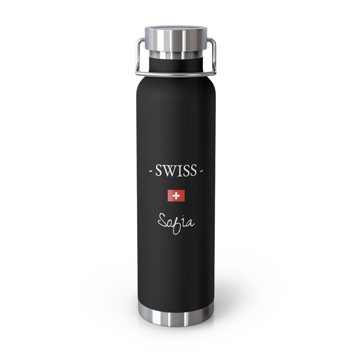 Swiss Heritage Insulated Water Bottle, Copper Lined, Custom Thermos, Switzerland Flag Metal Travel Flask, Personalized Name - Proud & Loyal