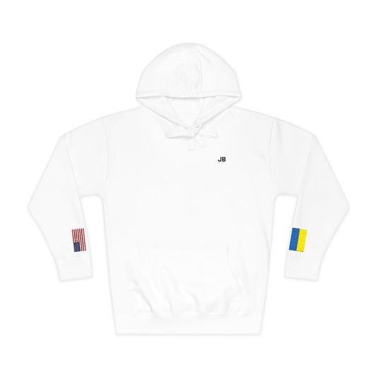 Ukrainian American Flag Fleece Hoodie | Ukraine USA Dual Heritage Gift | Personalized Initials | Embroidered Sleeve Flags - Proud & Loyal