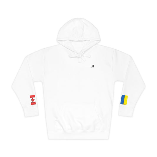 Ukrainian Canadian Flag Fleece Hoodie | Ukraine Canada Dual Heritage Gift | Personalized Initials | Embroidered Sleeve Flags - Proud & Loyal