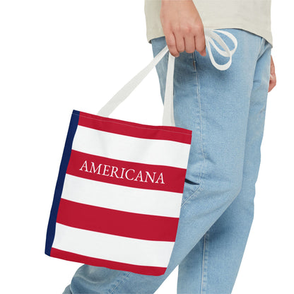 USA American Americana Resort Stripe Tote Bag, Custom Canvas Beach Bag, Large Everyday Commuter Tote, Symmetrical Patriotic Holiday Gift - Proud & Loyal